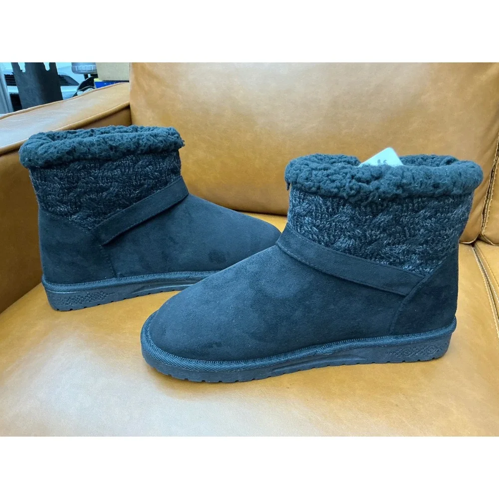 Muk Luks Ankle Boots Womens 10 Ebony New Faux Suede Fur Knit Trim